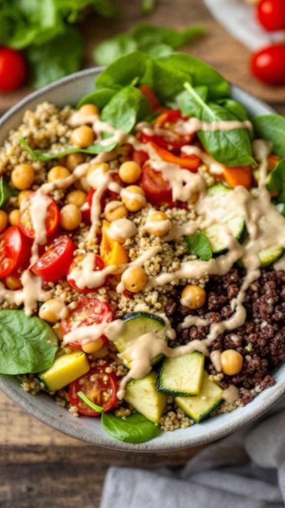 A vibrant Vegan Buddha Bowl with quinoa, roasted vegetables, and tahini dressing on a wooden table.